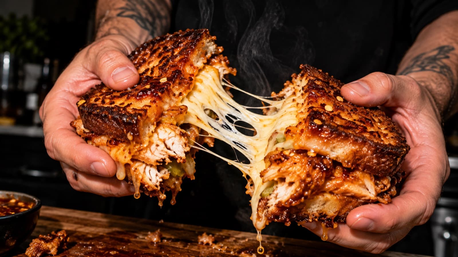Focaccia grilled cheese, hot honey