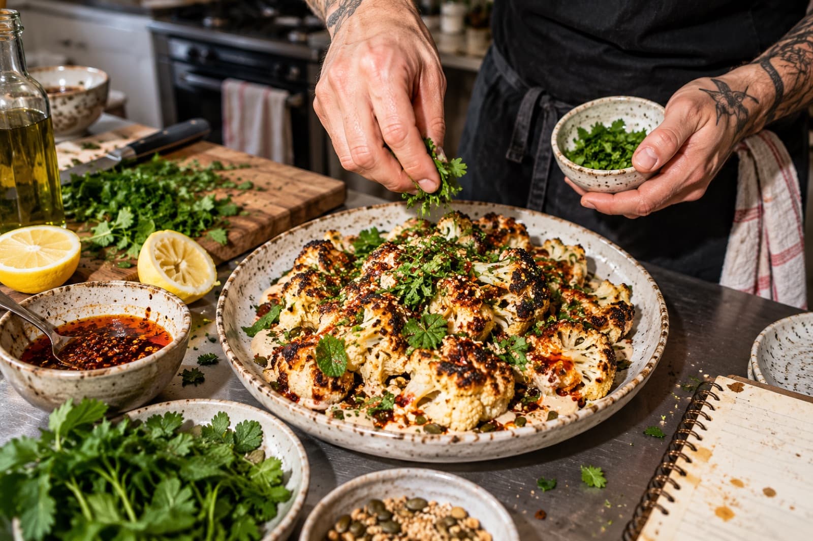 Charred cauliflower, tahini and chilli oil