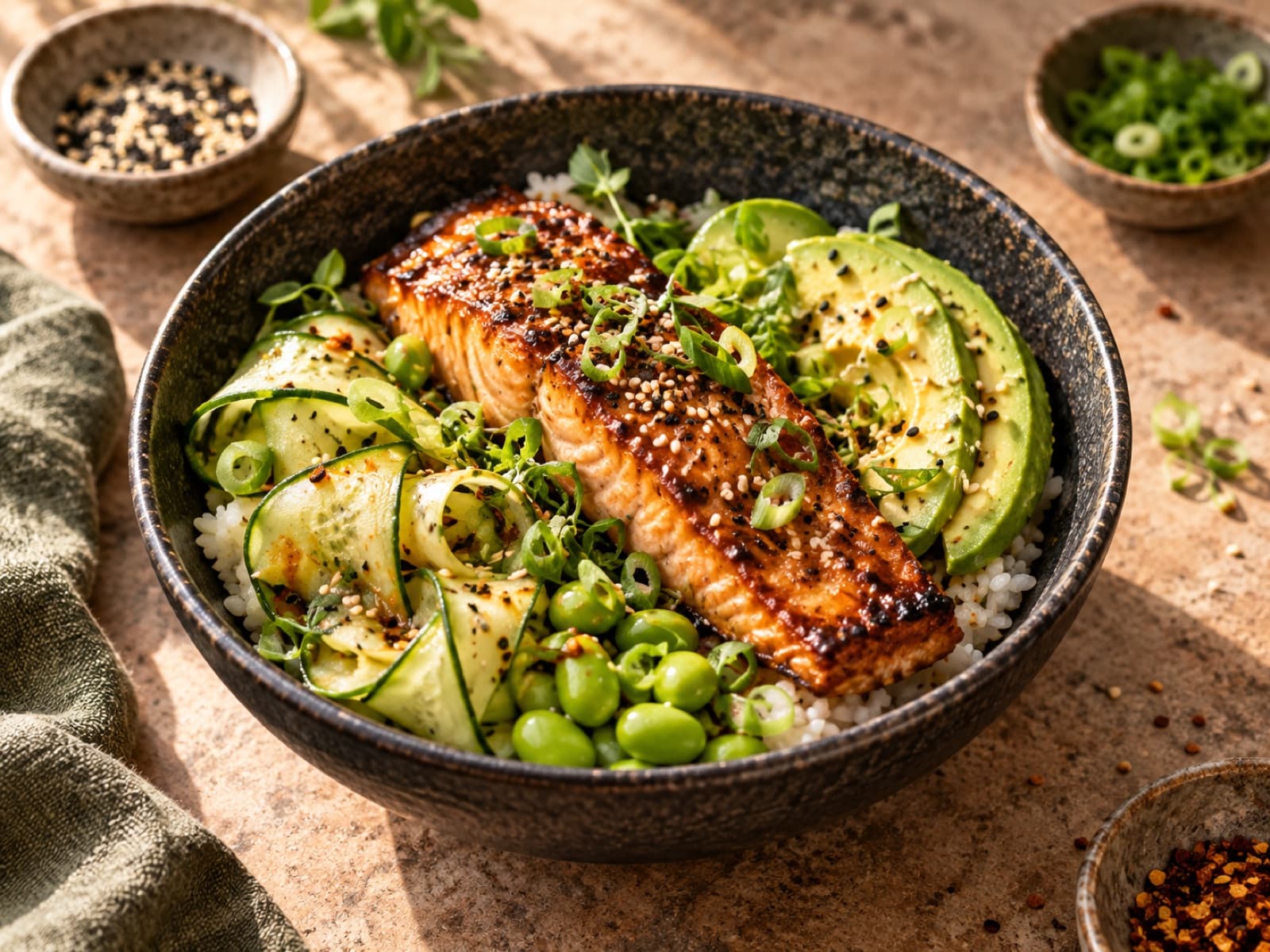 Miso-glazed salmon rice bowl